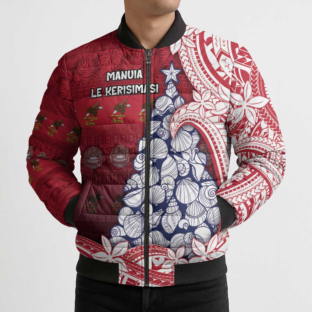 American Samoa Christmas Bomber Puffer Jacket Seashell Xmas Tree Tribal Waves - Polynesian Pride