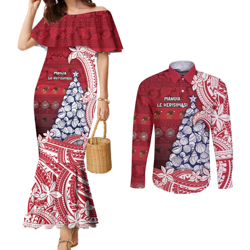 American Samoa Christmas Couples Matching Mermaid Dress and Long Sleeve Button Shirt Seashell Xmas Tree Tribal Waves - Polynesian Pride