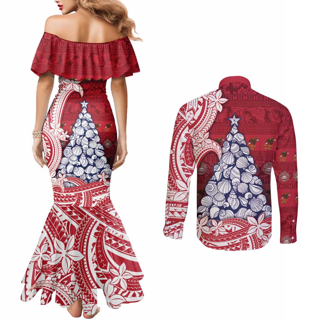 American Samoa Christmas Couples Matching Mermaid Dress and Long Sleeve Button Shirt Seashell Xmas Tree Tribal Waves - Polynesian Pride