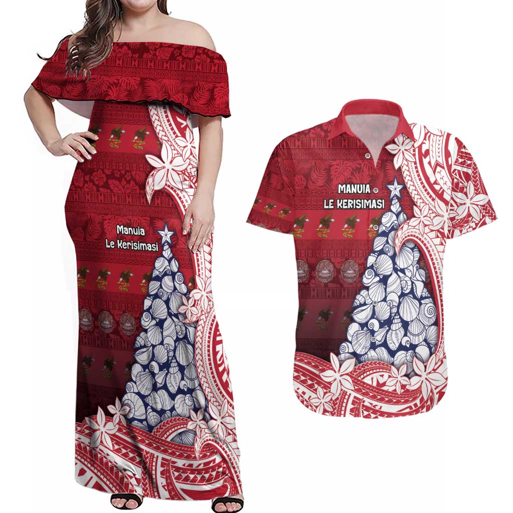 American Samoa Christmas Couples Matching Off Shoulder Maxi Dress and Hawaiian Shirt Seashell Xmas Tree Tribal Waves - Polynesian Pride