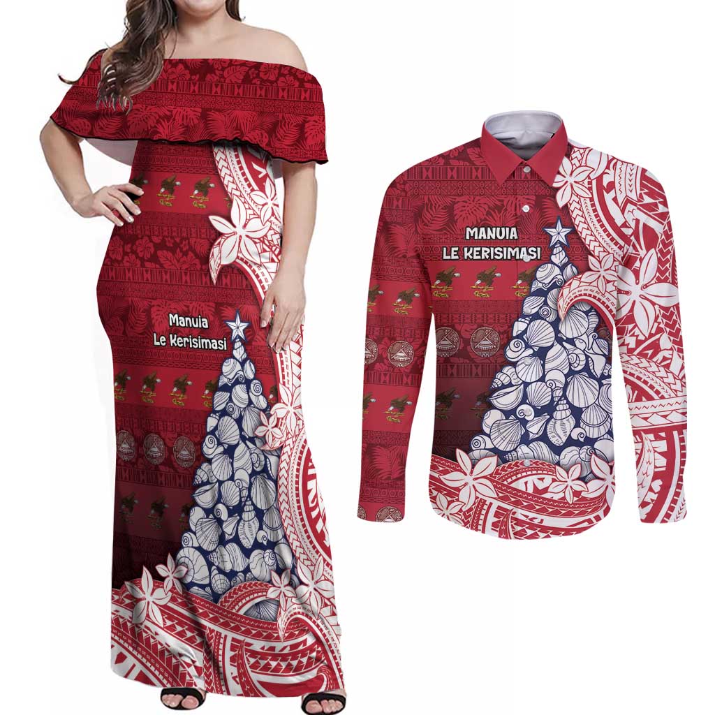 American Samoa Christmas Couples Matching Off Shoulder Maxi Dress and Long Sleeve Button Shirt Seashell Xmas Tree Tribal Waves - Polynesian Pride
