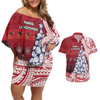 American Samoa Christmas Couples Matching Off Shoulder Short Dress and Hawaiian Shirt Seashell Xmas Tree Tribal Waves - Polynesian Pride