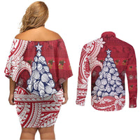 American Samoa Christmas Couples Matching Off Shoulder Short Dress and Long Sleeve Button Shirt Seashell Xmas Tree Tribal Waves - Polynesian Pride