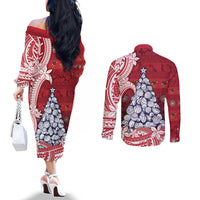 American Samoa Christmas Couples Matching Off The Shoulder Long Sleeve Dress and Long Sleeve Button Shirt Seashell Xmas Tree Tribal Waves - Polynesian Pride
