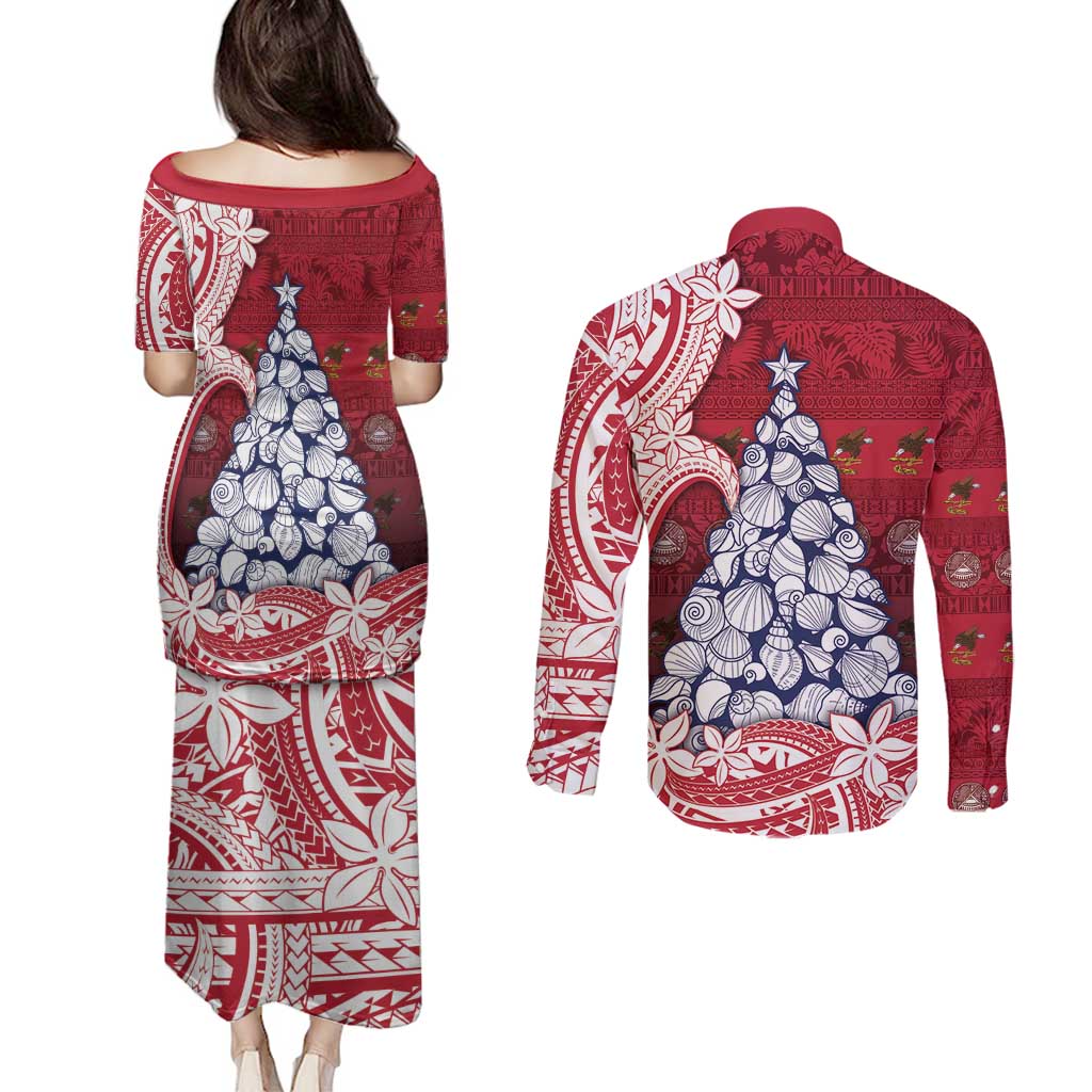 American Samoa Christmas Couples Matching Puletasi and Long Sleeve Button Shirt Seashell Xmas Tree Tribal Waves - Polynesian Pride