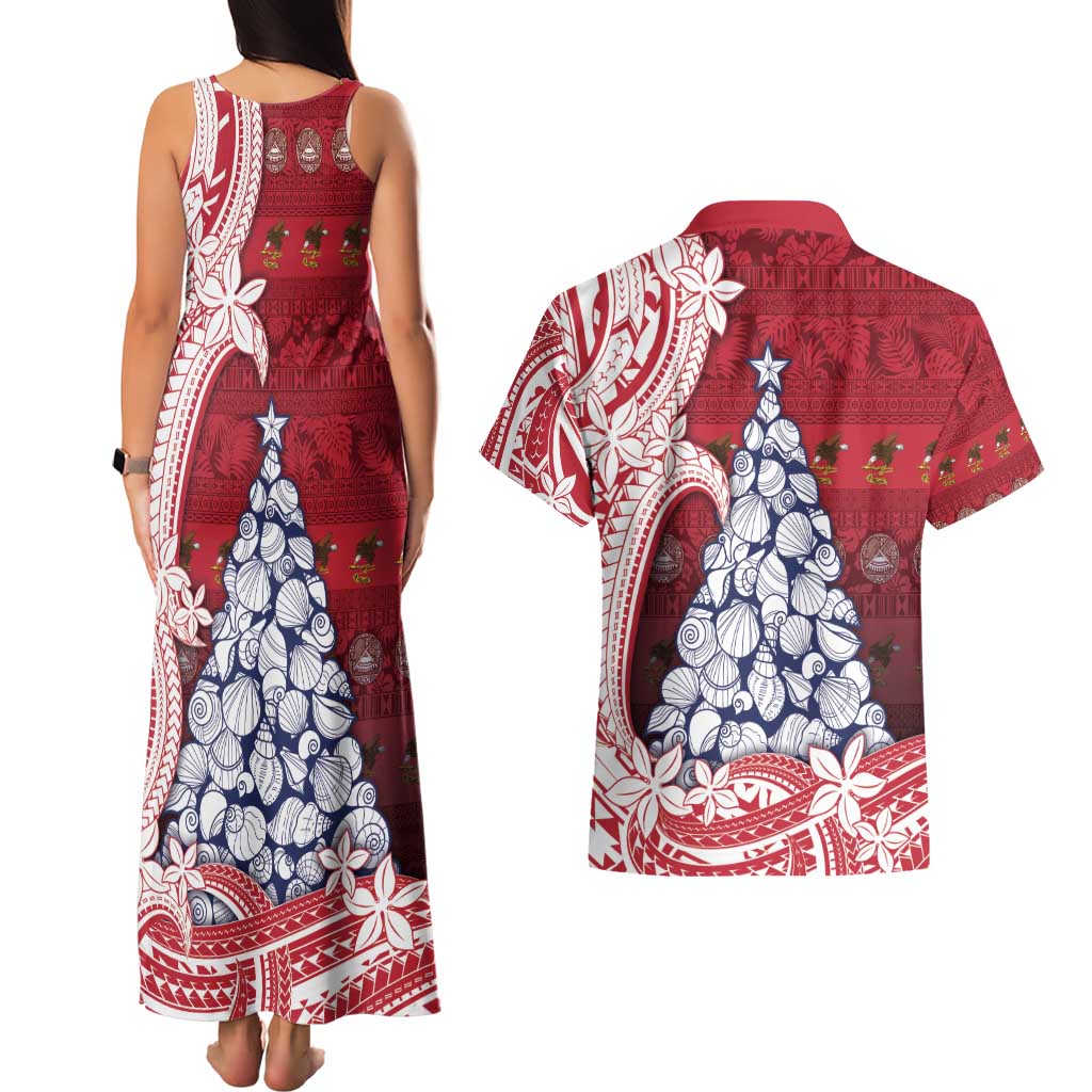 American Samoa Christmas Couples Matching Tank Maxi Dress and Hawaiian Shirt Seashell Xmas Tree Tribal Waves - Polynesian Pride