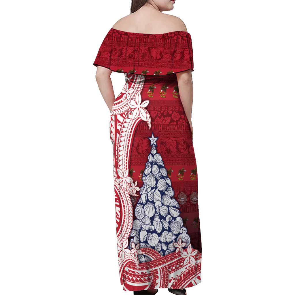 American Samoa Christmas Family Matching Off Shoulder Maxi Dress and Hawaiian Shirt Seashell Xmas Tree Tribal Waves - Polynesian Pride