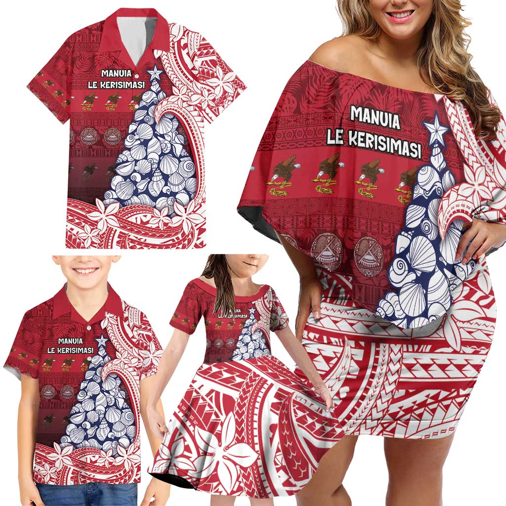 American Samoa Christmas Family Matching Off Shoulder Short Dress and Hawaiian Shirt Seashell Xmas Tree Tribal Waves - Polynesian Pride