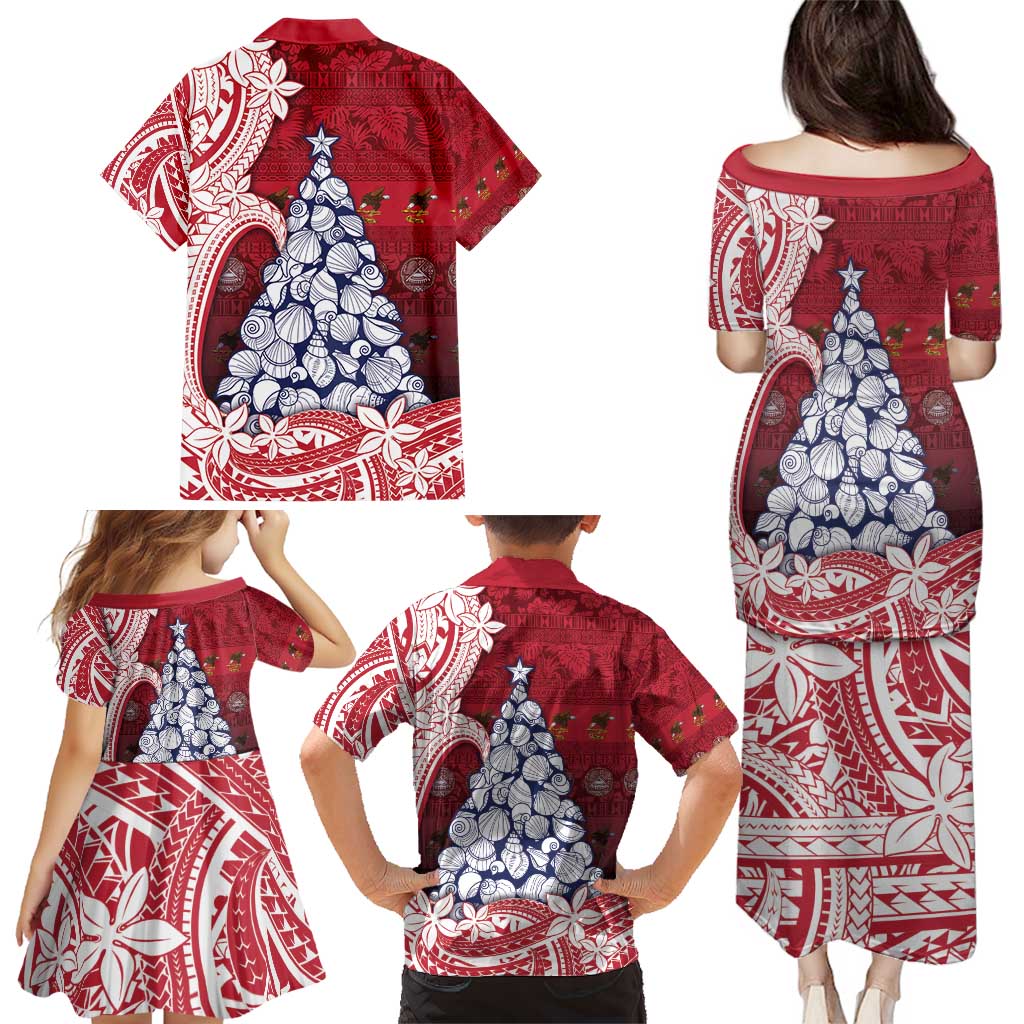 American Samoa Christmas Family Matching Puletasi and Hawaiian Shirt Seashell Xmas Tree Tribal Waves - Polynesian Pride
