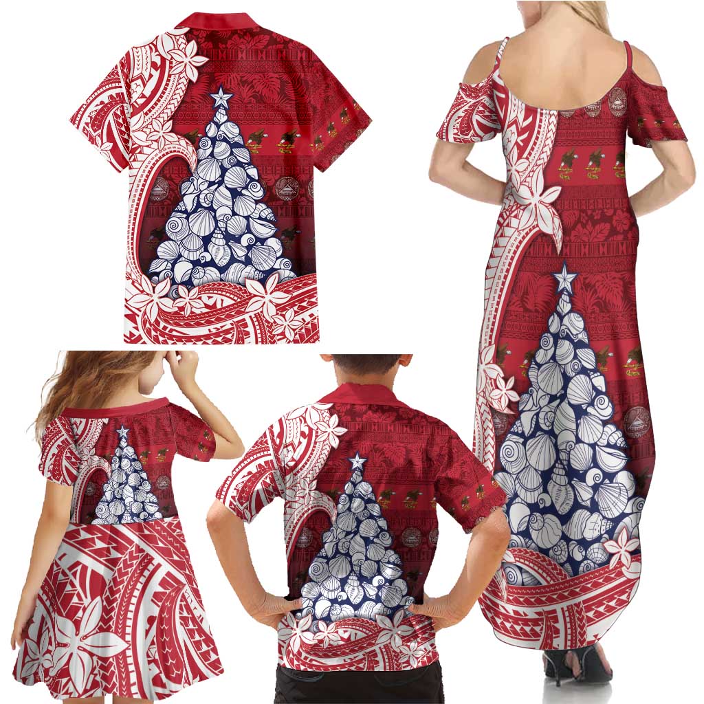 American Samoa Christmas Family Matching Summer Maxi Dress and Hawaiian Shirt Seashell Xmas Tree Tribal Waves - Polynesian Pride