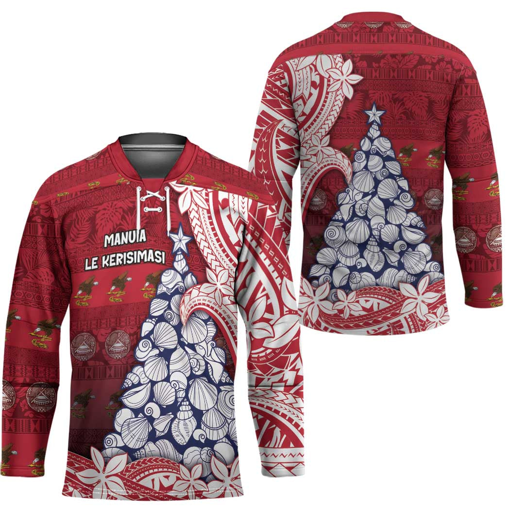 American Samoa Christmas Hockey Jersey Seashell Xmas Tree Tribal Waves - Polynesian Pride