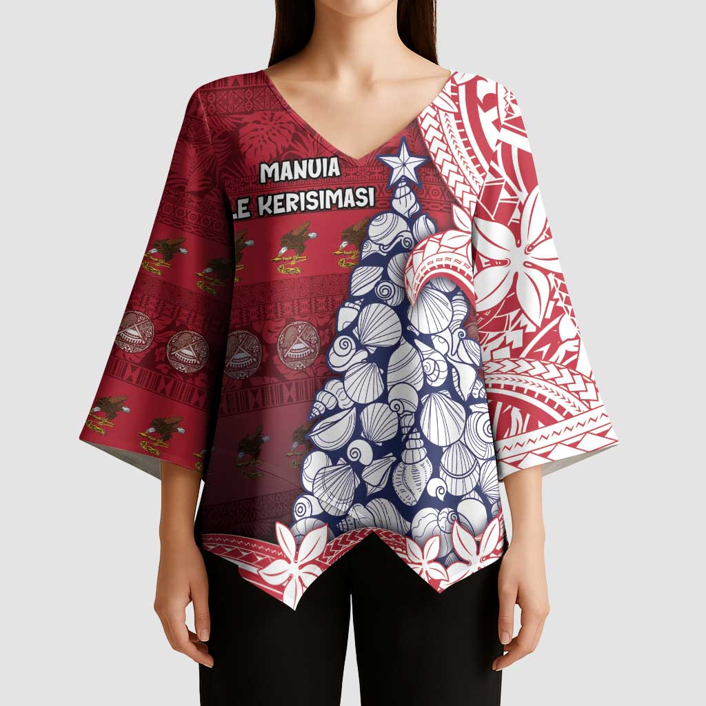 American Samoa Christmas Kimono Sleeve Blouse Seashell Xmas Tree Tribal Waves - Polynesian Pride