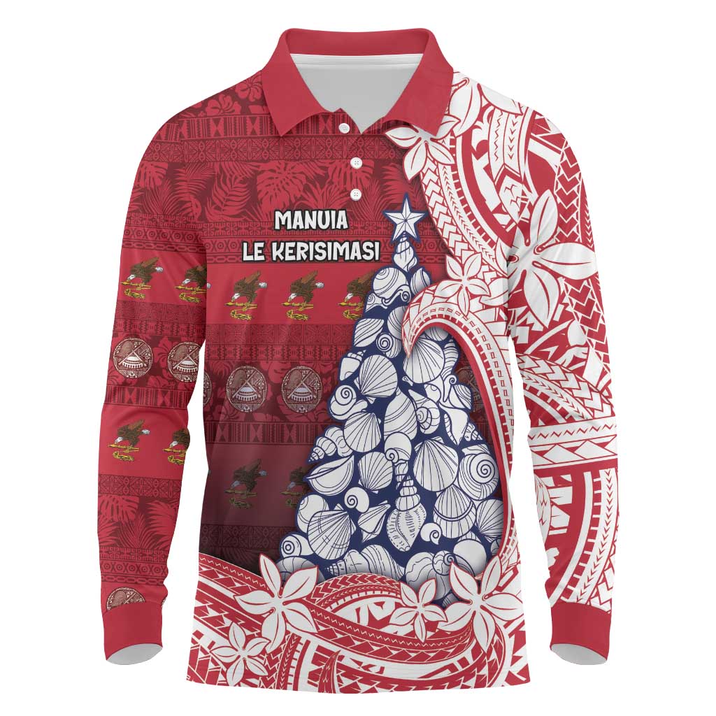 American Samoa Christmas Long Sleeve Polo Shirt Seashell Xmas Tree Tribal Waves - Polynesian Pride