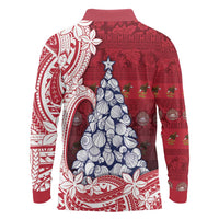 American Samoa Christmas Long Sleeve Polo Shirt Seashell Xmas Tree Tribal Waves - Polynesian Pride