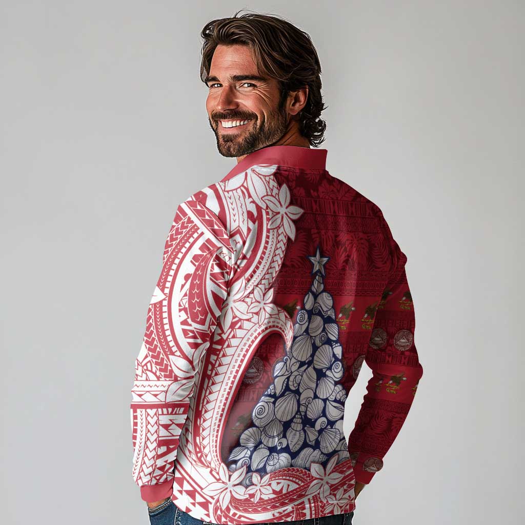 American Samoa Christmas Long Sleeve Polo Shirt Seashell Xmas Tree Tribal Waves - Polynesian Pride