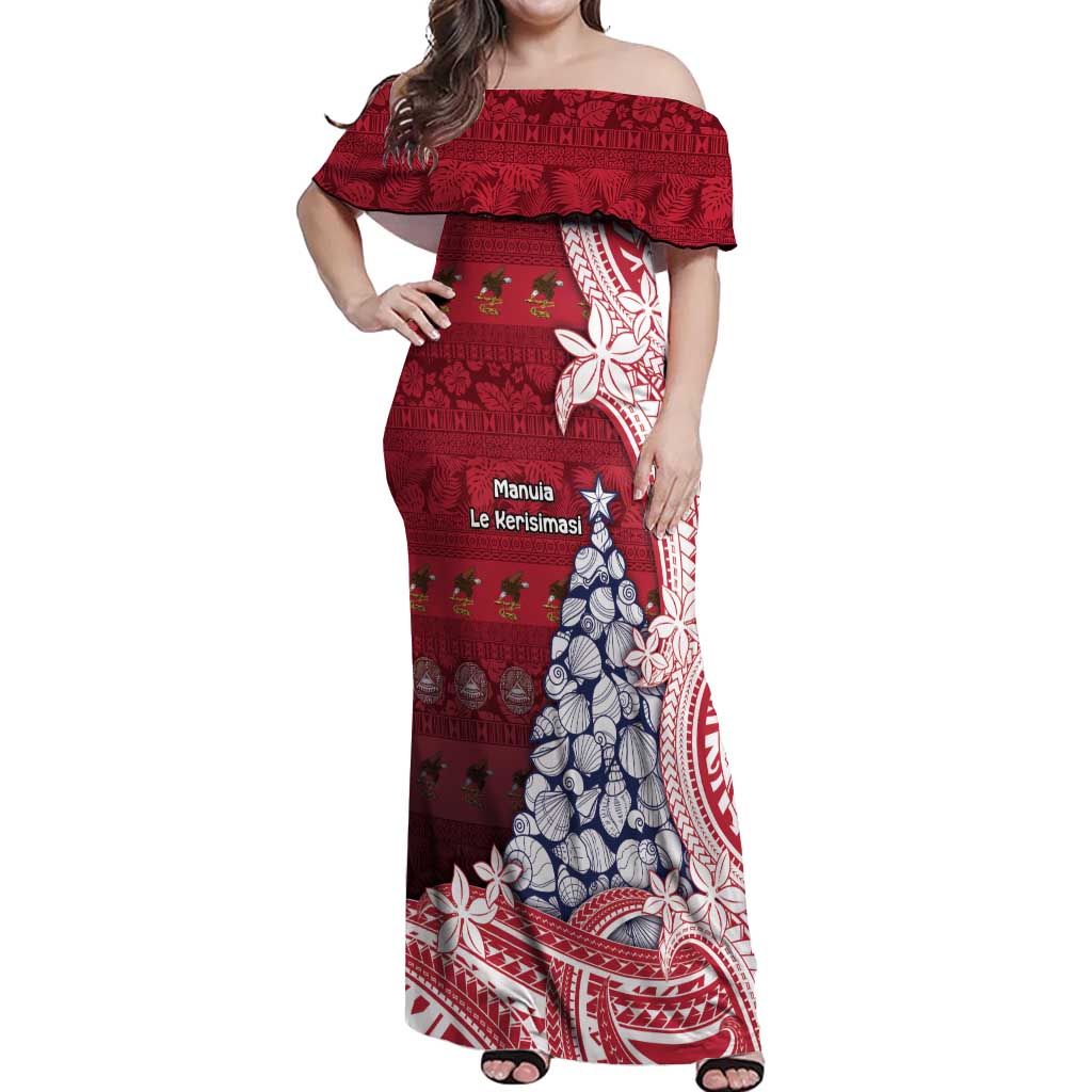 American Samoa Christmas Off Shoulder Maxi Dress Seashell Xmas Tree Tribal Waves - Polynesian Pride
