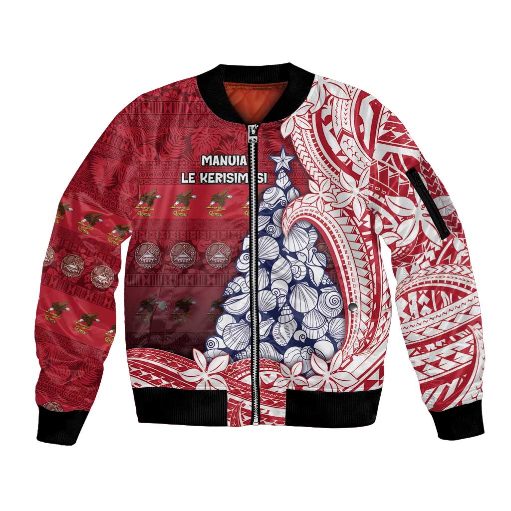 American Samoa Christmas Sleeve Zip Bomber Jacket Seashell Xmas Tree Tribal Waves - Polynesian Pride