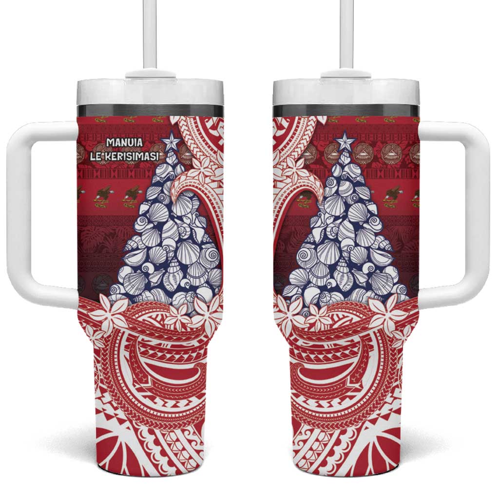 American Samoa Christmas Tumbler With Handle Seashell Xmas Tree Tribal Waves - Polynesian Pride