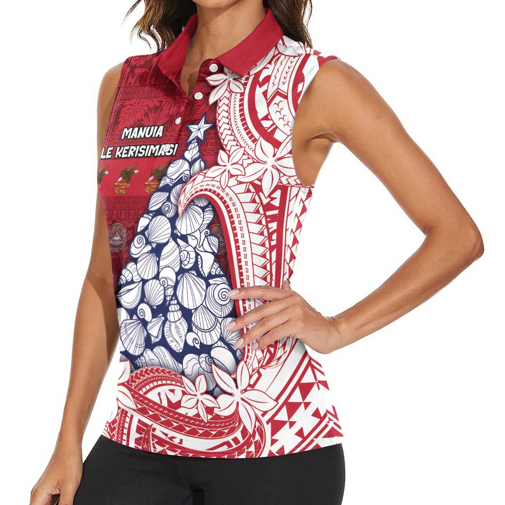 American Samoa Christmas Women Sleeveless Polo Shirt Seashell Xmas Tree Tribal Waves - Polynesian Pride