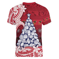 American Samoa Christmas Women V-Neck T-Shirt Seashell Xmas Tree Tribal Waves - Polynesian Pride