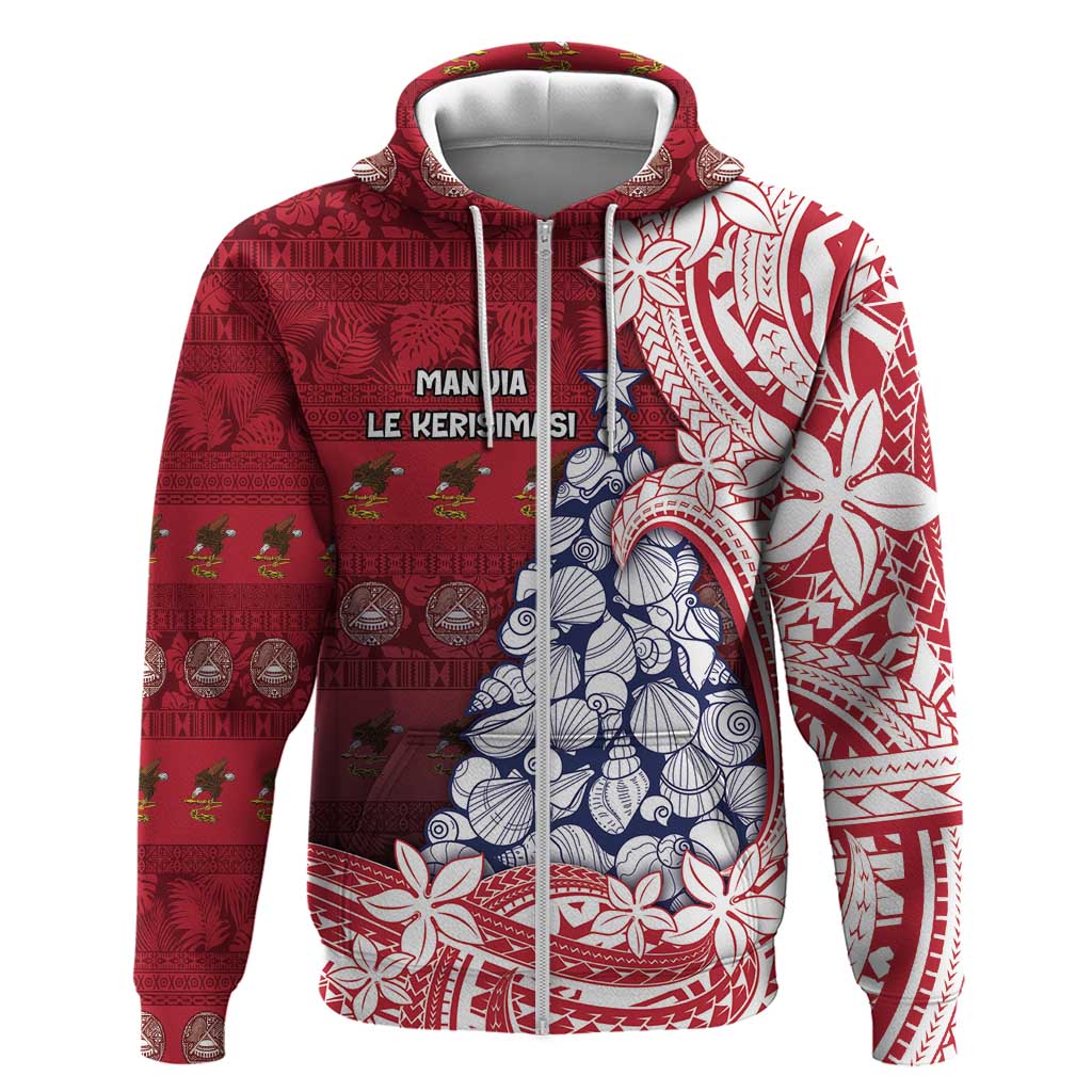 American Samoa Christmas Zip Hoodie Seashell Xmas Tree Tribal Waves - Polynesian Pride