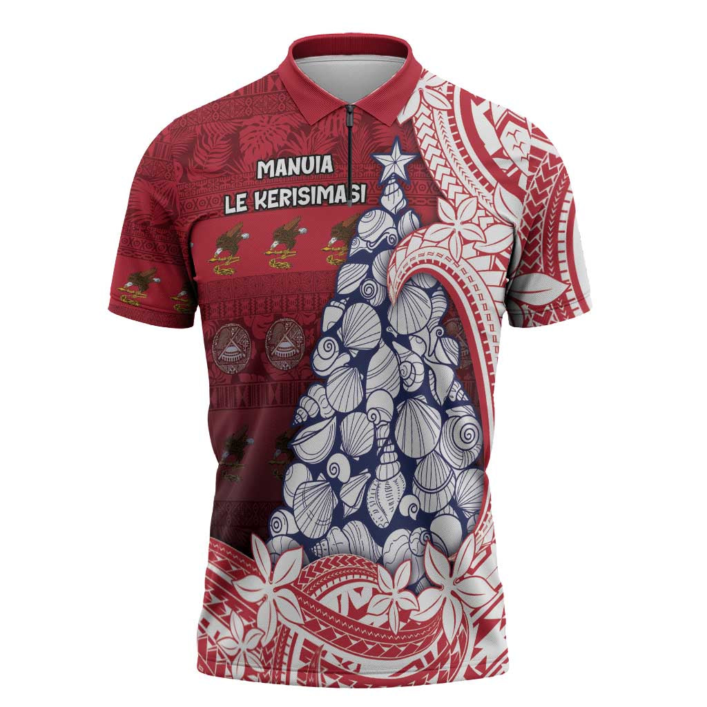 American Samoa Christmas Zipper Polo Shirt Seashell Xmas Tree Tribal Waves - Polynesian Pride