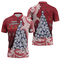 American Samoa Christmas Zipper Polo Shirt Seashell Xmas Tree Tribal Waves - Polynesian Pride