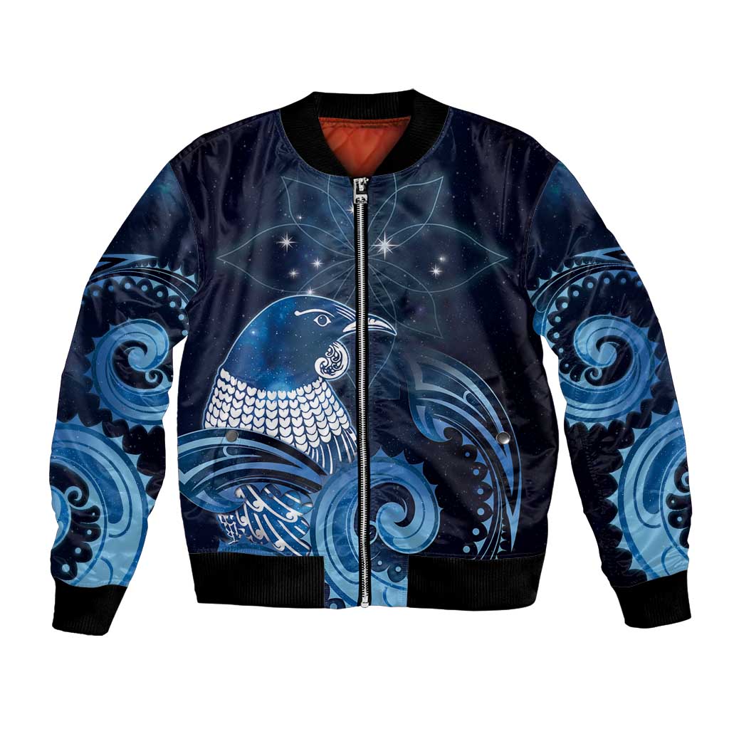 New Zealand Matariki Bomber Jacket Maori Tui Bird Blue Galaxy