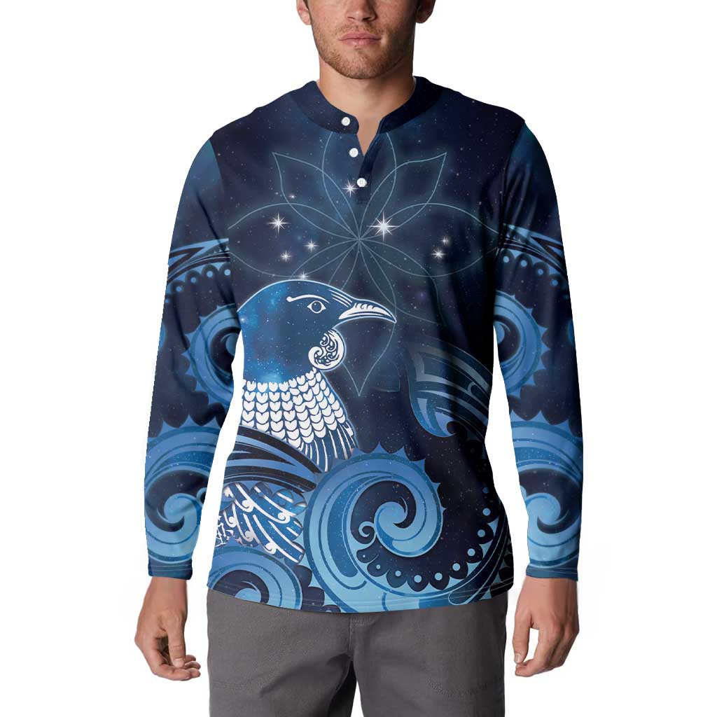 New Zealand Matariki Button Sweatshirt Maori Tui Bird Blue Galaxy