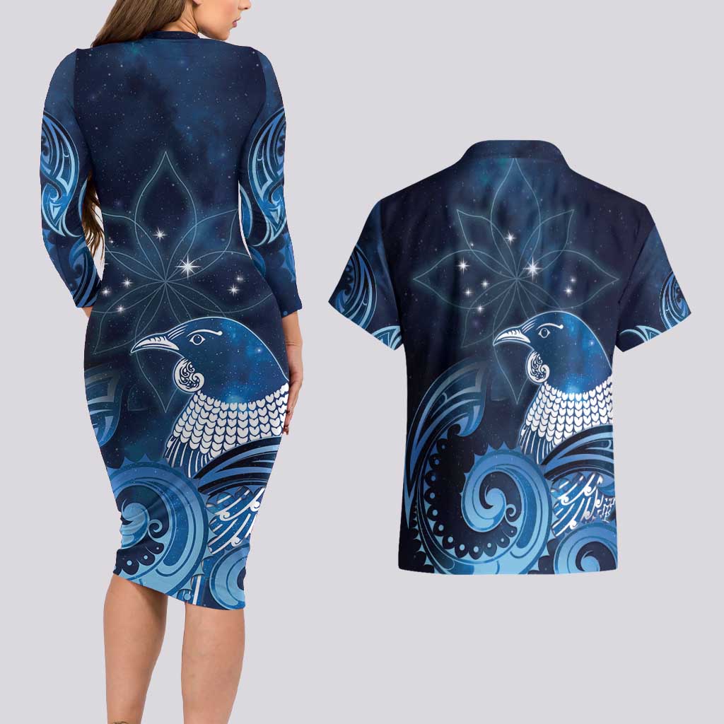 New Zealand Matariki Couples Matching Long Sleeve Bodycon Dress and Hawaiian Shirt Maori Tui Bird Blue Galaxy