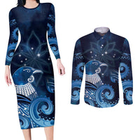 New Zealand Matariki Couples Matching Long Sleeve Bodycon Dress and Long Sleeve Button Shirt Maori Tui Bird Blue Galaxy