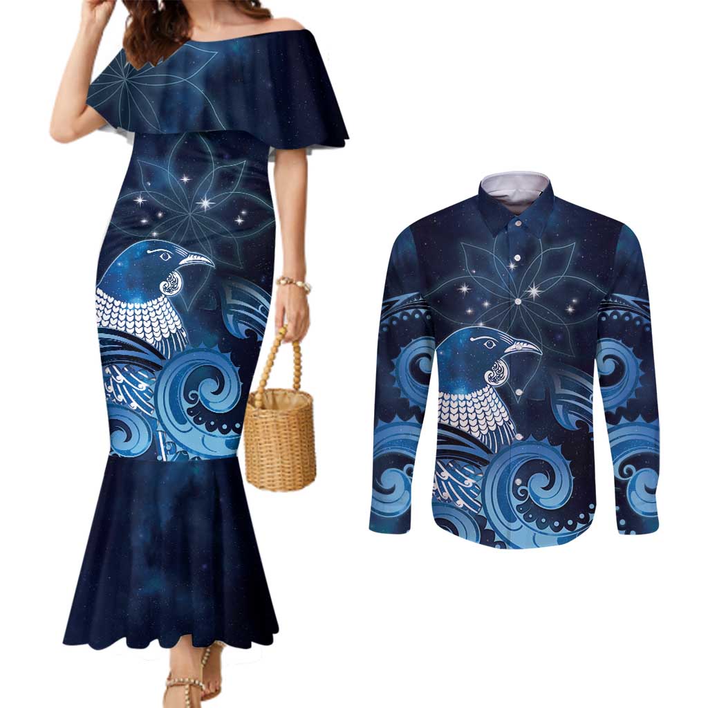 New Zealand Matariki Couples Matching Mermaid Dress and Long Sleeve Button Shirt Maori Tui Bird Blue Galaxy