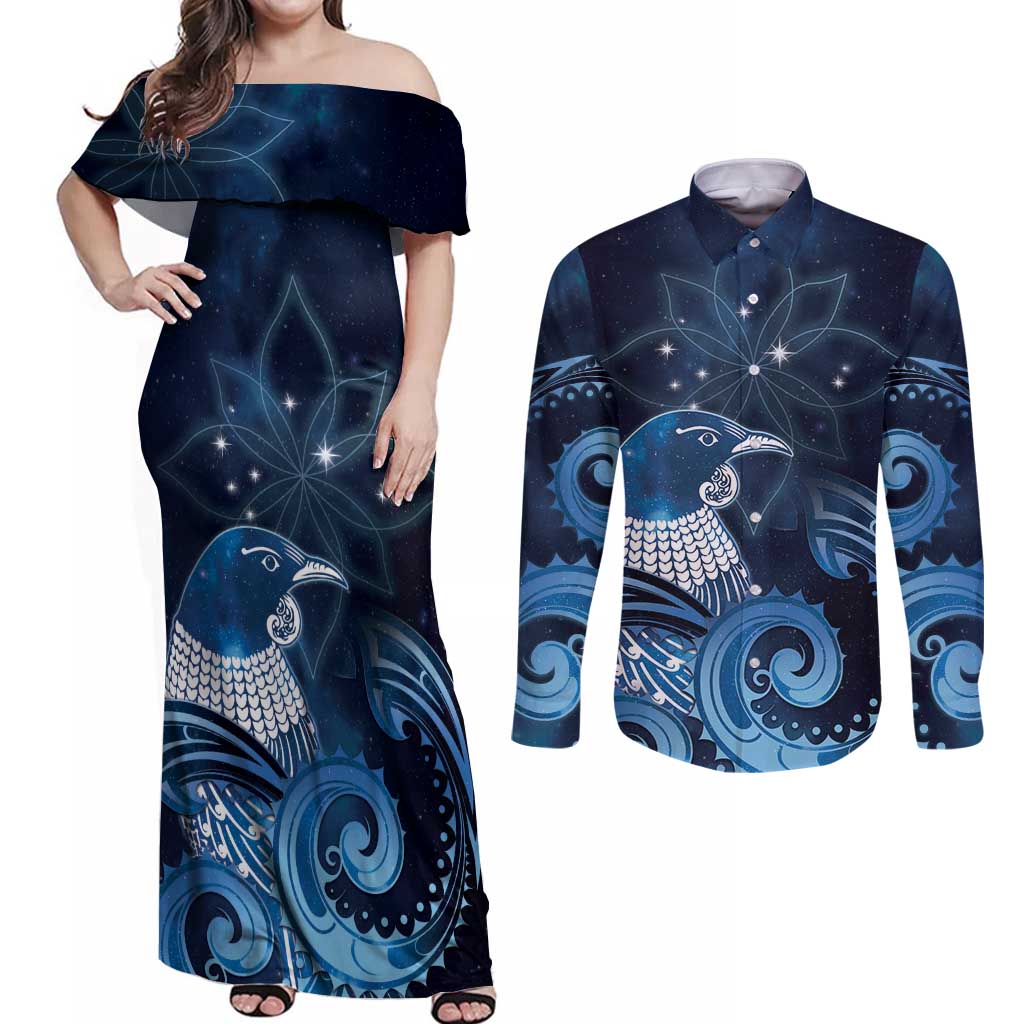 New Zealand Matariki Couples Matching Off Shoulder Maxi Dress and Long Sleeve Button Shirt Maori Tui Bird Blue Galaxy