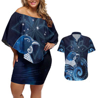 New Zealand Matariki Couples Matching Off Shoulder Short Dress and Hawaiian Shirt Maori Tui Bird Blue Galaxy