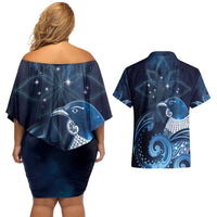 New Zealand Matariki Couples Matching Off Shoulder Short Dress and Hawaiian Shirt Maori Tui Bird Blue Galaxy