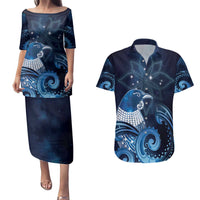 New Zealand Matariki Couples Matching Puletasi and Hawaiian Shirt Maori Tui Bird Blue Galaxy