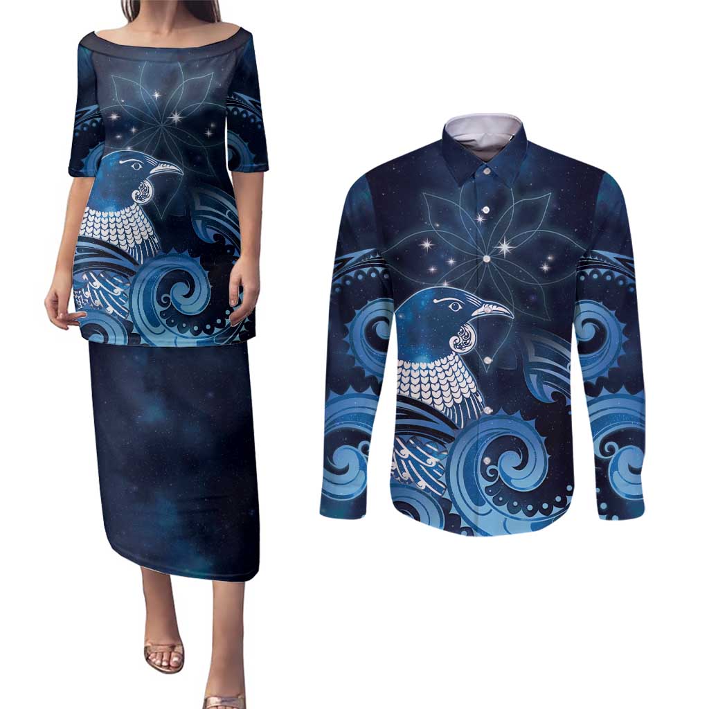 New Zealand Matariki Couples Matching Puletasi and Long Sleeve Button Shirt Maori Tui Bird Blue Galaxy