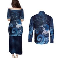 New Zealand Matariki Couples Matching Puletasi and Long Sleeve Button Shirt Maori Tui Bird Blue Galaxy
