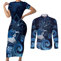 New Zealand Matariki Couples Matching Short Sleeve Bodycon Dress and Long Sleeve Button Shirt Maori Tui Bird Blue Galaxy
