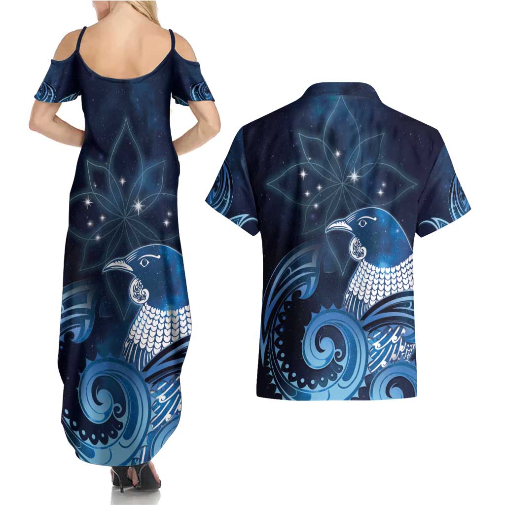 New Zealand Matariki Couples Matching Summer Maxi Dress and Hawaiian Shirt Maori Tui Bird Blue Galaxy