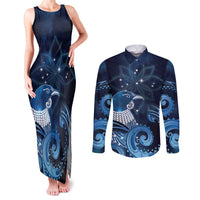 New Zealand Matariki Couples Matching Tank Maxi Dress and Long Sleeve Button Shirt Maori Tui Bird Blue Galaxy