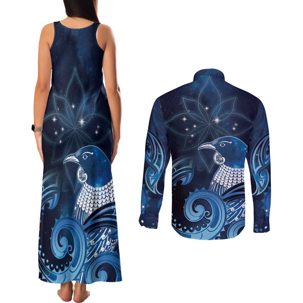 New Zealand Matariki Couples Matching Tank Maxi Dress and Long Sleeve Button Shirt Maori Tui Bird Blue Galaxy