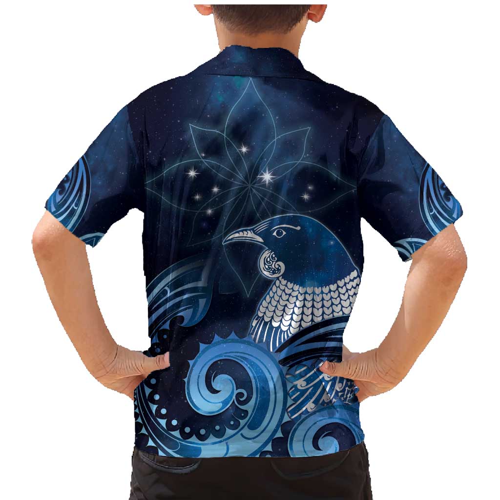 New Zealand Matariki Family Matching Mermaid Dress and Hawaiian Shirt Maori Tui Bird Blue Galaxy