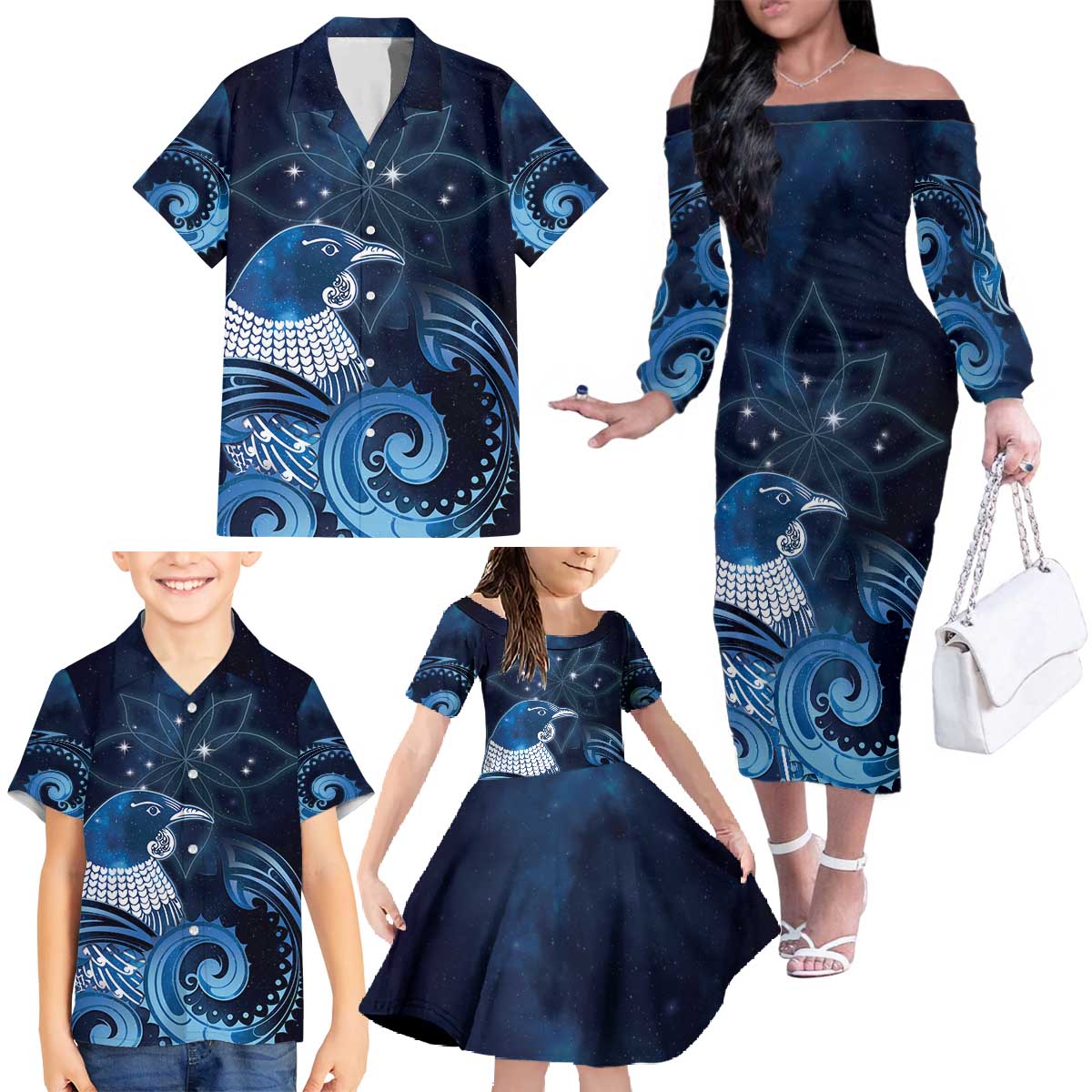 New Zealand Matariki Family Matching Off The Shoulder Long Sleeve Dress and Hawaiian Shirt Maori Tui Bird Blue Galaxy