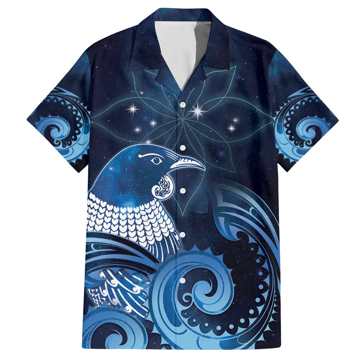 New Zealand Matariki Family Matching Off The Shoulder Long Sleeve Dress and Hawaiian Shirt Maori Tui Bird Blue Galaxy