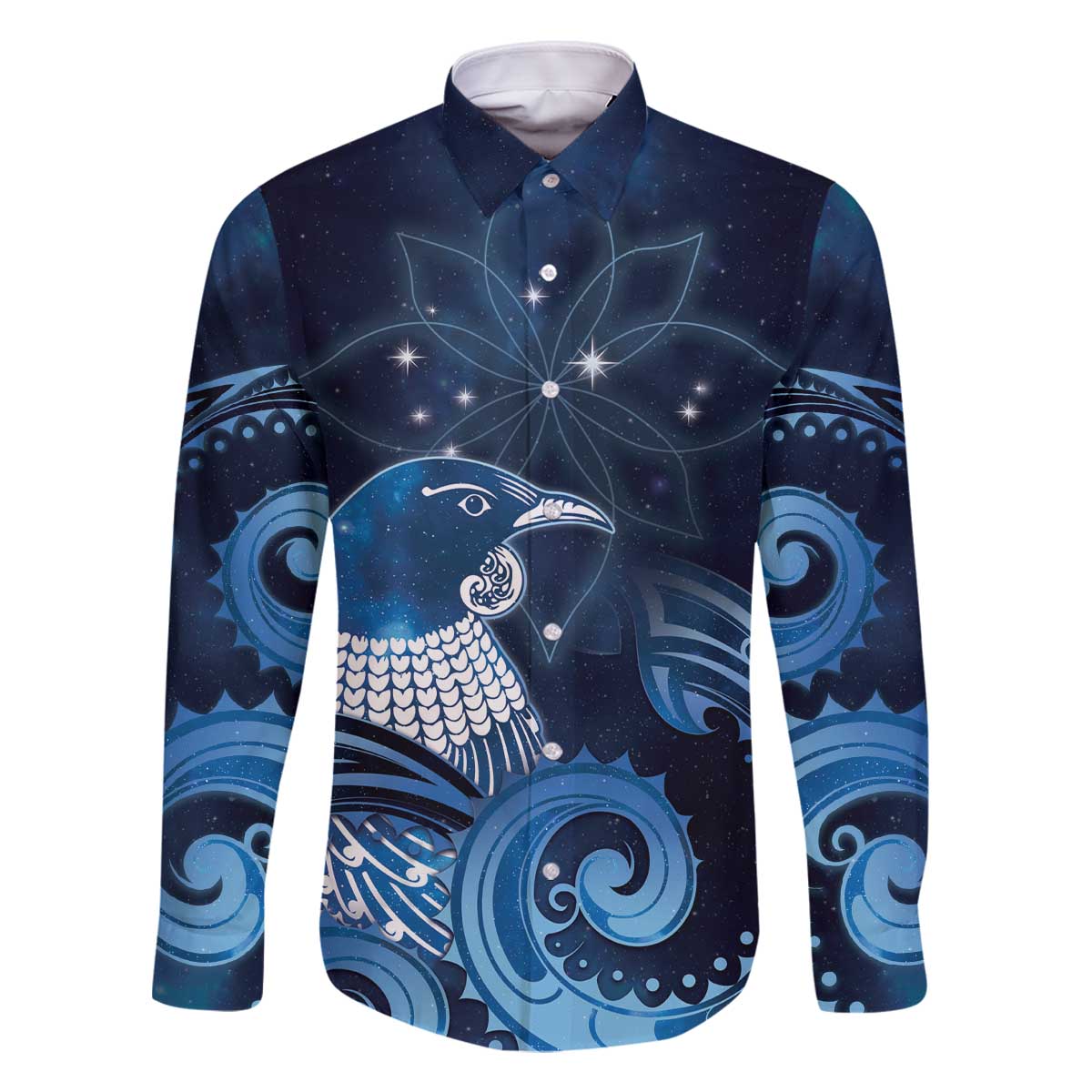 New Zealand Matariki Family Matching Off The Shoulder Long Sleeve Dress and Hawaiian Shirt Maori Tui Bird Blue Galaxy