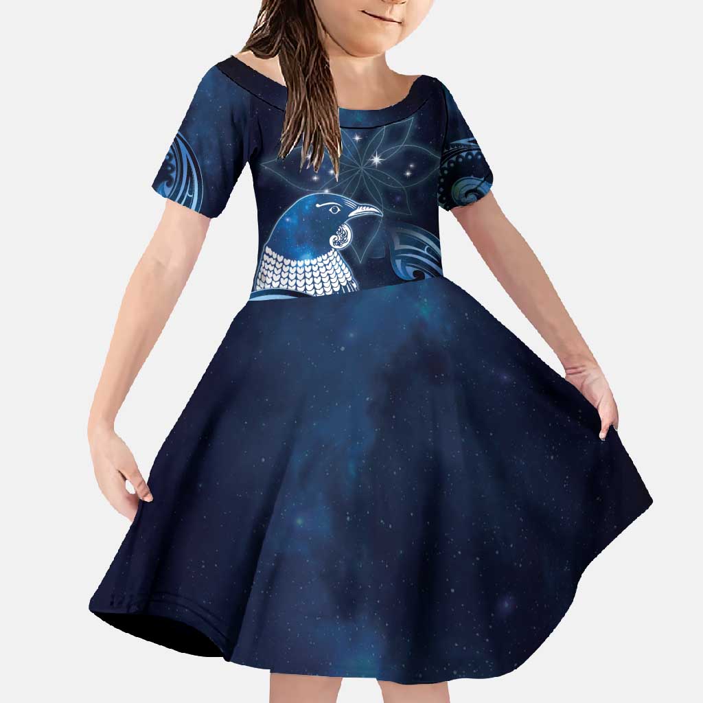 New Zealand Matariki Family Matching Off Shoulder Maxi Dress and Hawaiian Shirt Maori Tui Bird Blue Galaxy DT05 Daughter's Dress Blue - Polynesian Pride