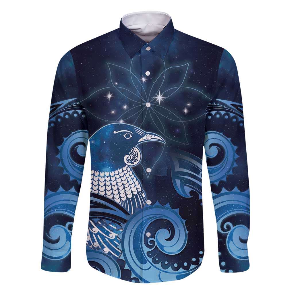 New Zealand Matariki Family Matching Off Shoulder Maxi Dress and Hawaiian Shirt Maori Tui Bird Blue Galaxy DT05 Dad's Shirt - Long Sleeve Blue - Polynesian Pride