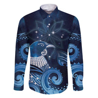 New Zealand Matariki Family Matching Off Shoulder Maxi Dress and Hawaiian Shirt Maori Tui Bird Blue Galaxy DT05 Dad's Shirt - Long Sleeve Blue - Polynesian Pride