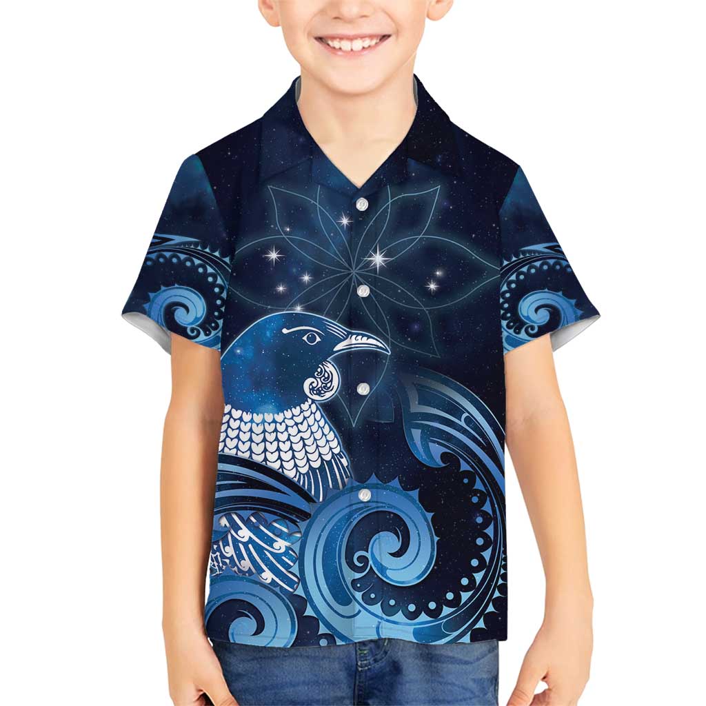 New Zealand Matariki Family Matching Off Shoulder Maxi Dress and Hawaiian Shirt Maori Tui Bird Blue Galaxy DT05 Son's Shirt Blue - Polynesian Pride